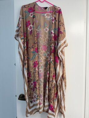 Steve Madden Tan Floral Kimono with Pink & Teal Accents